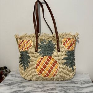 Tommy Bahama Pineapple Woven raffia Tote beach Bag with Brown Handles